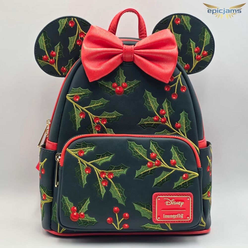 Loungefly Disney Minnie Mouse Holiday Holly Ears Christmas Mini Backpack Bag New